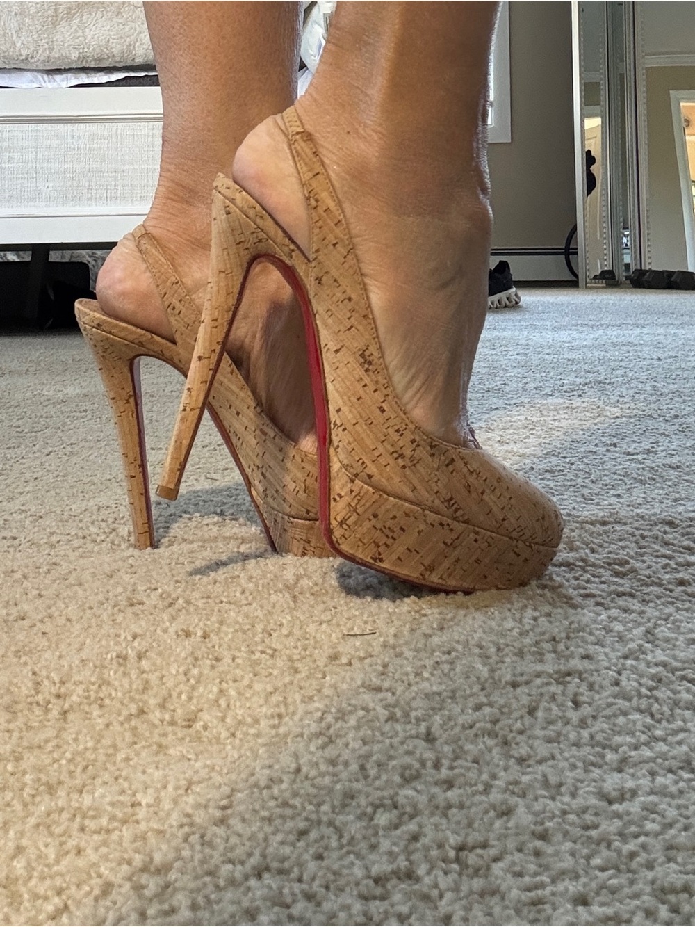 Christian Louboutin Neutral Cork Slingback Platform Pumps - Women size 7